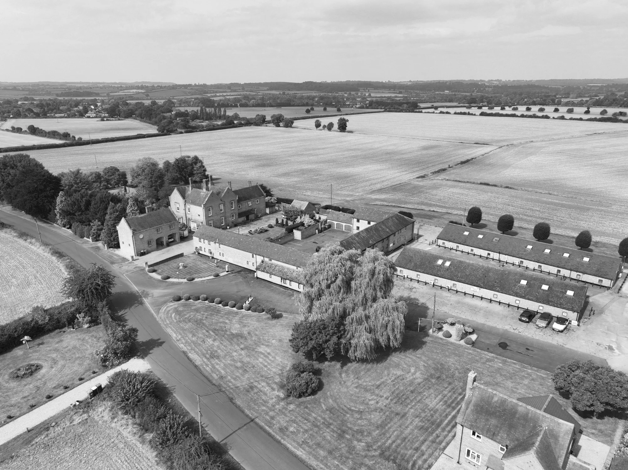 Aerial view of AlphaQuad offices at Wixford Park looking towards Ragley Hall Warwickshire